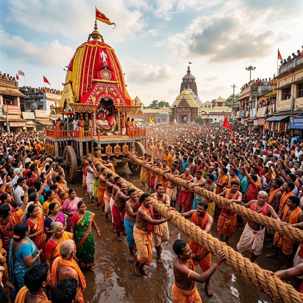 Devotees pulling Rath Yatra Chariot