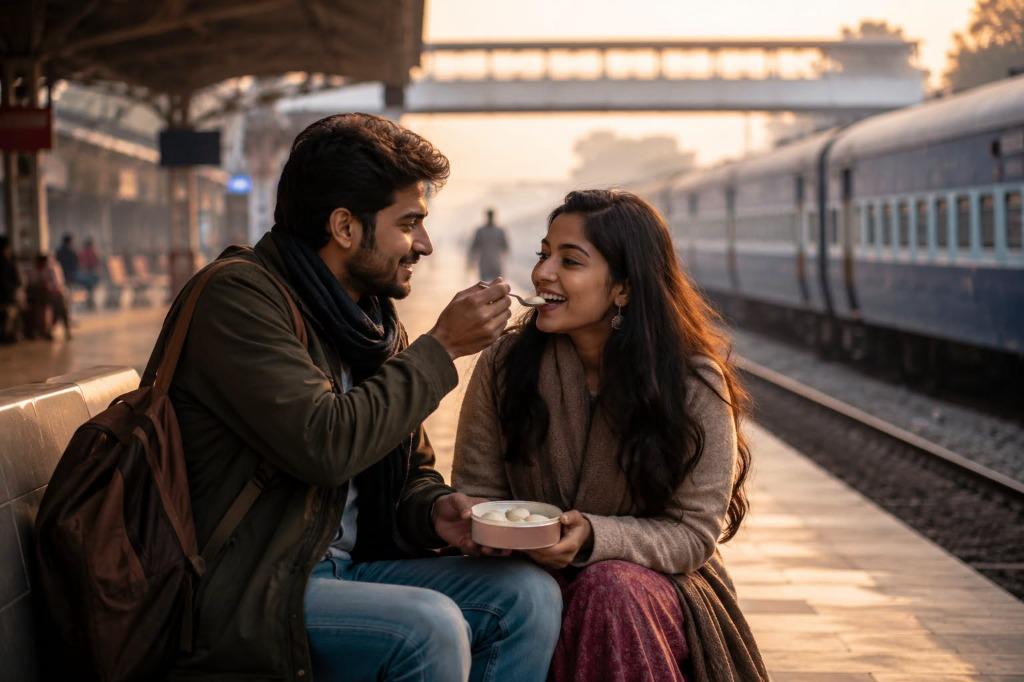 विजय और सुमन रेलवे स्टेशन की बेंच पर रसमलाई खाते हुए
