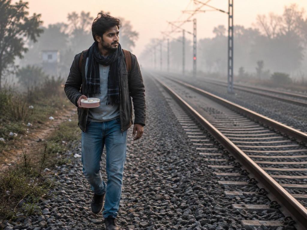 विजय रेलवे ट्रैक पर 17 किलोमीटर पैदल चलता हुआ